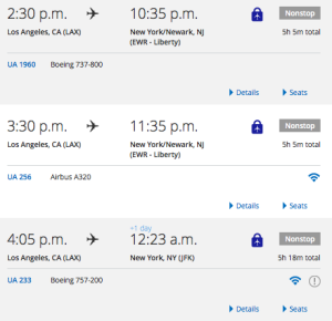 United Screenshot - LAX-NYC departures A320:737:757 on 18 Nov 2015