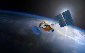 Iridium NEXT satellite in orbit over earth.