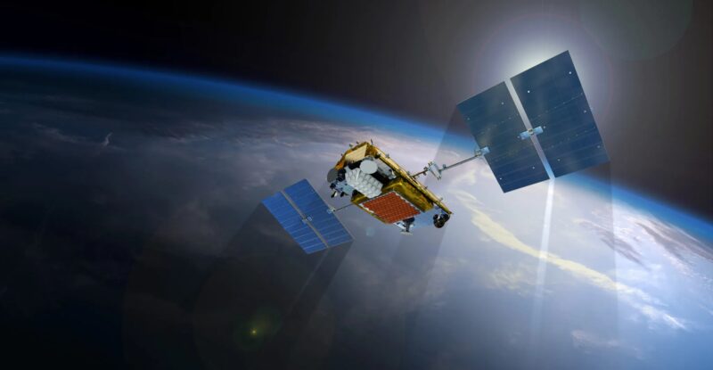 Iridium NEXT satellite in orbit over earth.