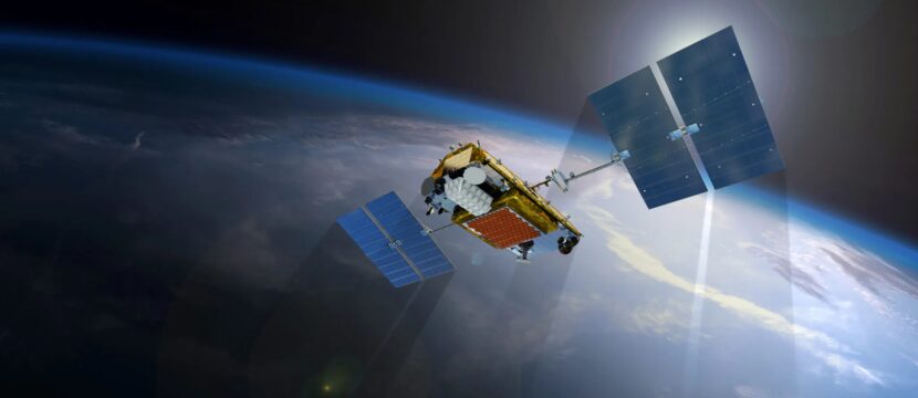 Iridium NEXT satellite in orbit over earth.