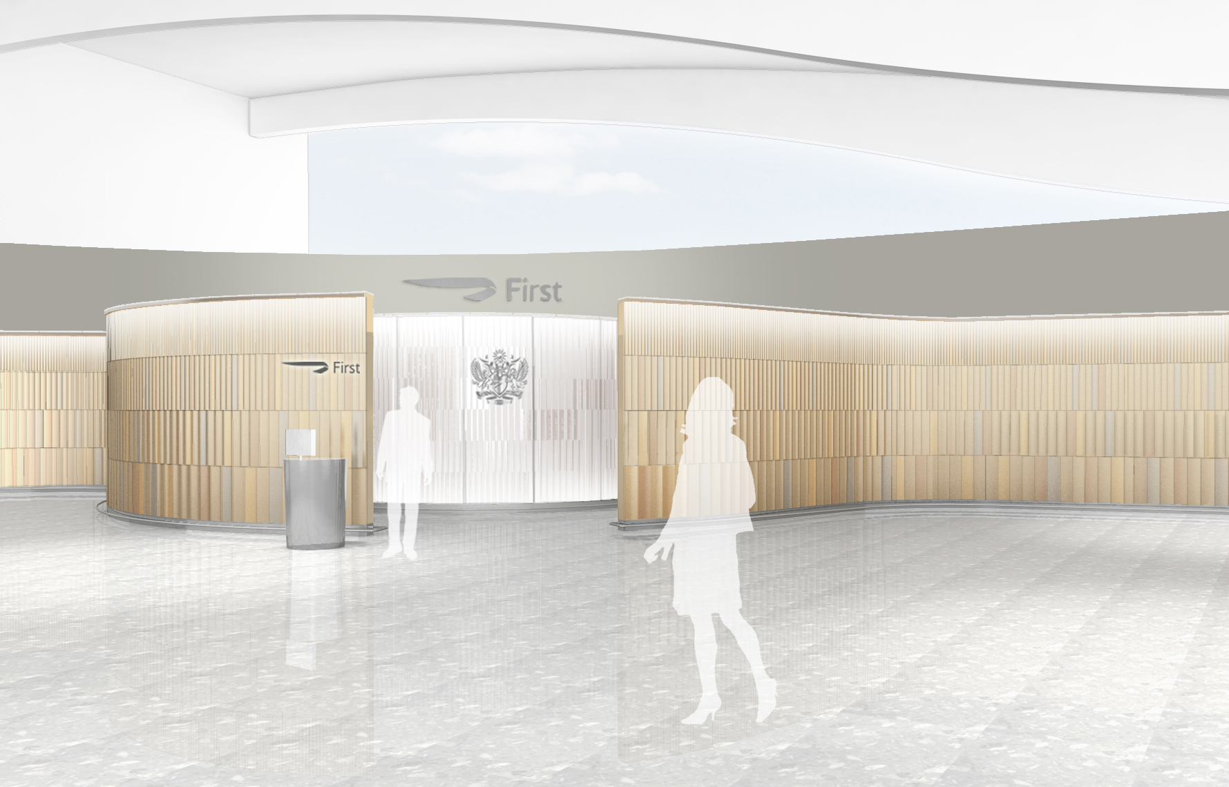 On the termincal side, BA's First zone will be walled off with a wooden facade. Image: British Airways