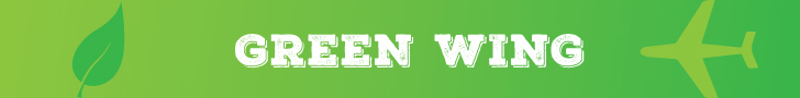 Green Wing logo with white letters on a green background and leaves on both sides