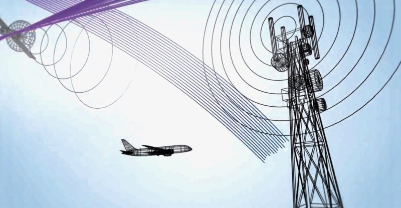 digital rendering of signal now givng off a wifi signal with an aircraft flying past