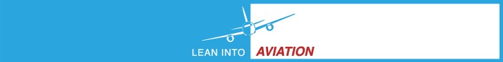 Lean Into Aviation banner is light blue and white, with an aircraft flying towards the reader. The words "Lean Into", in white against a blue background, are beside the word "Aviation" in red against a white background.