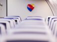 Southwest heart logo is seen on the front monument over the economy seats.