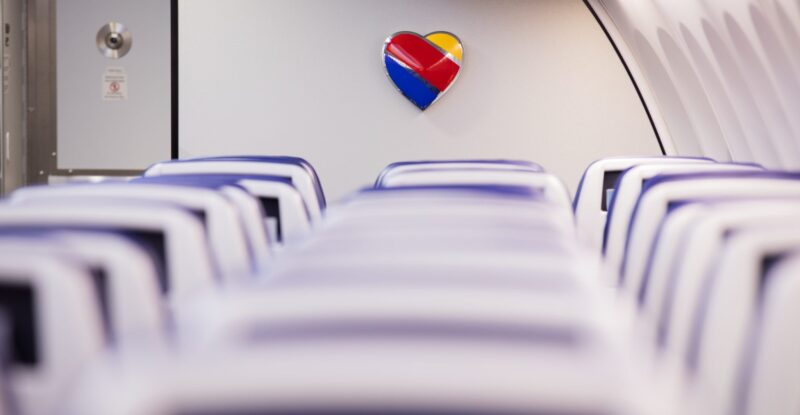Southwest heart logo is seen on the front monument over the economy seats.