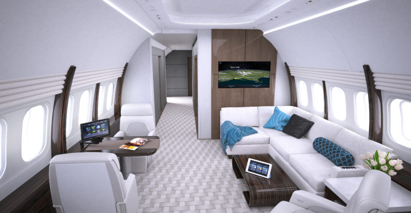 Business aircraft interior Collins’ best-selling Venue CMS includes touchscreens featuring Airshow moving maps among other content possibilities, all operating off a fiber-optic backbone. Image: Collins Aerospace