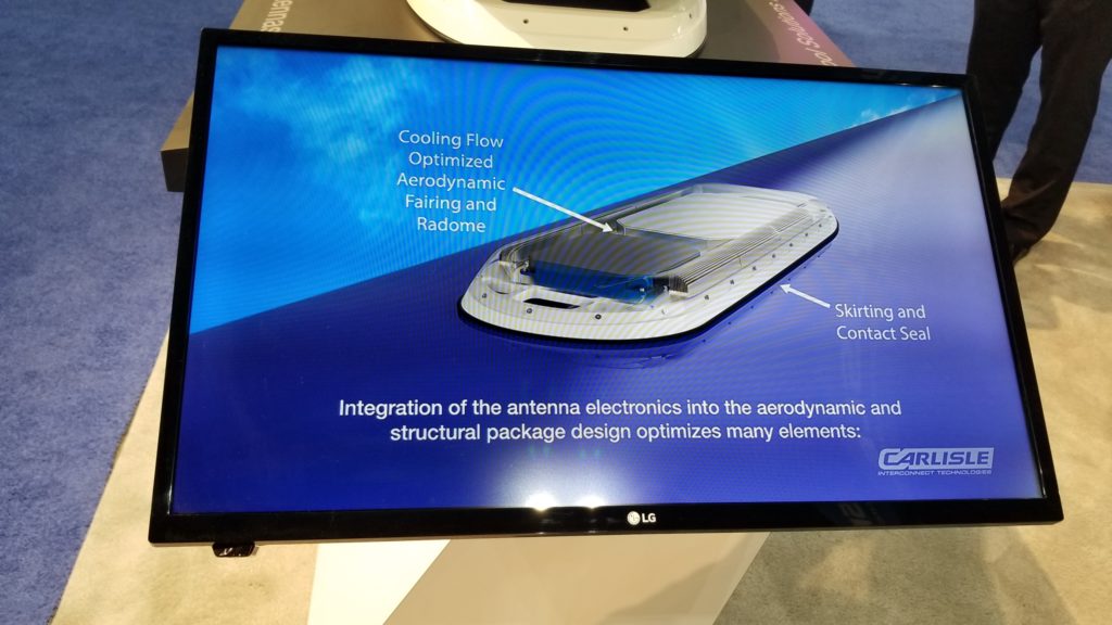 A TV screen showing a slide on the CarlisleIT ESA cooling system. A picture of an antenna on a blue background.