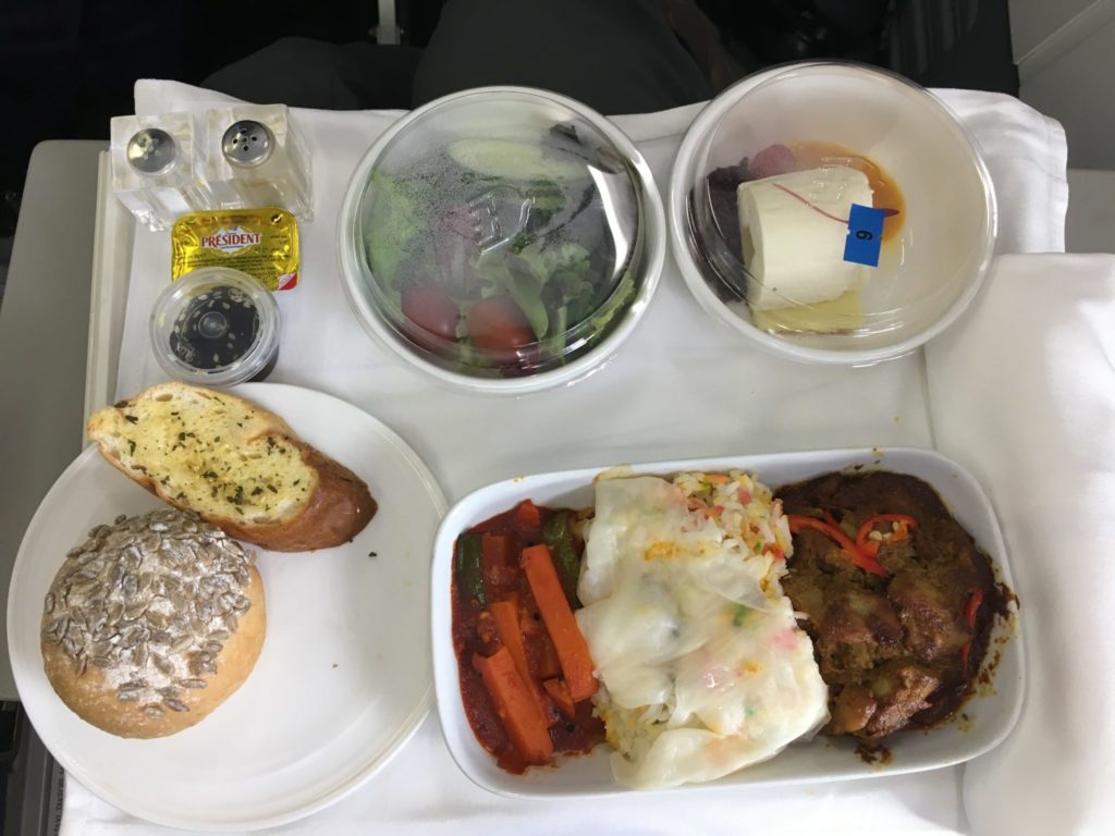 Meal on aircraft tray table