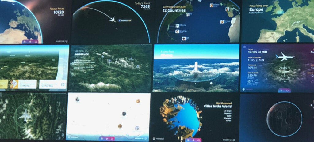 Multiple IFE screens showing different content from Panasonic's ARC moving map