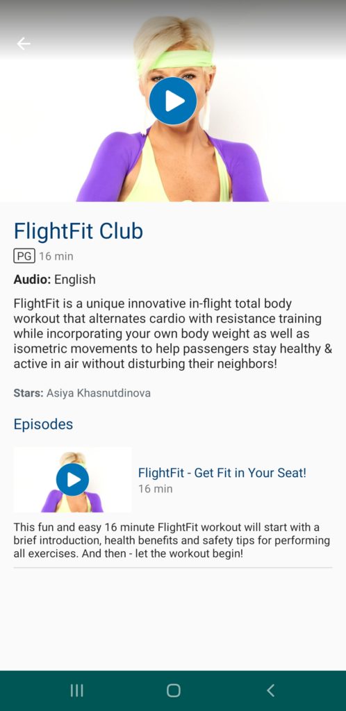 Screenshot of westjet FlightFit Club, description and woman in workout clothes