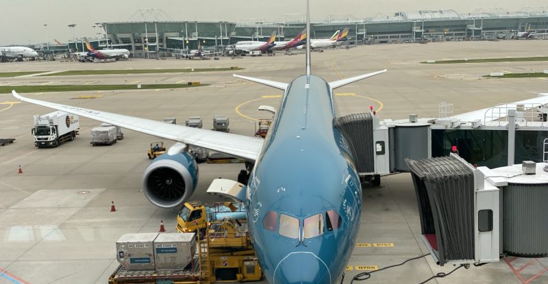 Vietnam Airlines aircraft parked at the gate for boarding.