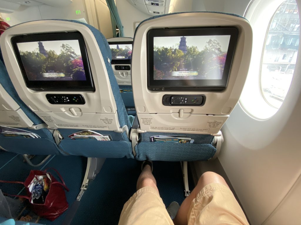 IFE screen with remote and the legroom of the seat in the A350 aircraft