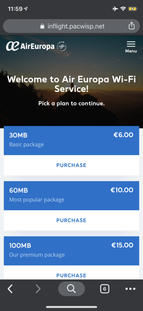 screenshot of air europa wifi pricing