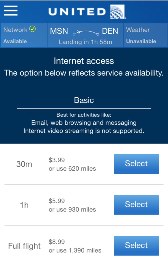 screen grab of the united wifi pricing