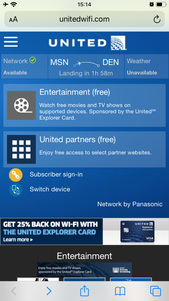 Screen grab of the inflight entertainment portal