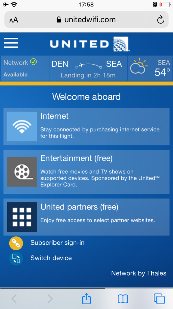 United Airlines App home screen