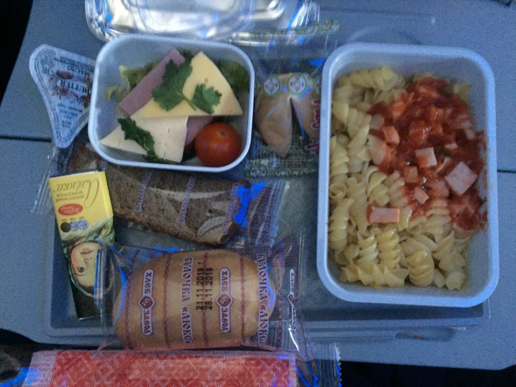 inflight meal on aircraft tray table