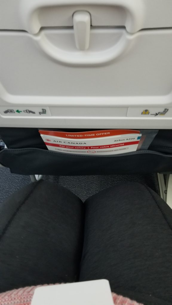 A 30-inch seat pitch can be expected in regular economy. This photo shows the author's legs close to the seat pocket