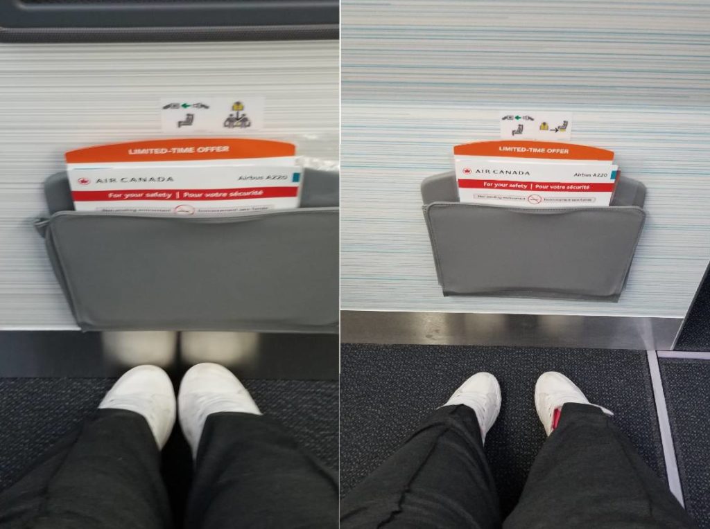 On the left side is a photo of the author's feet close to the bulkhead. On the right side is a photo of the author's feet with more space in the first row of economy, a Preferred Seat