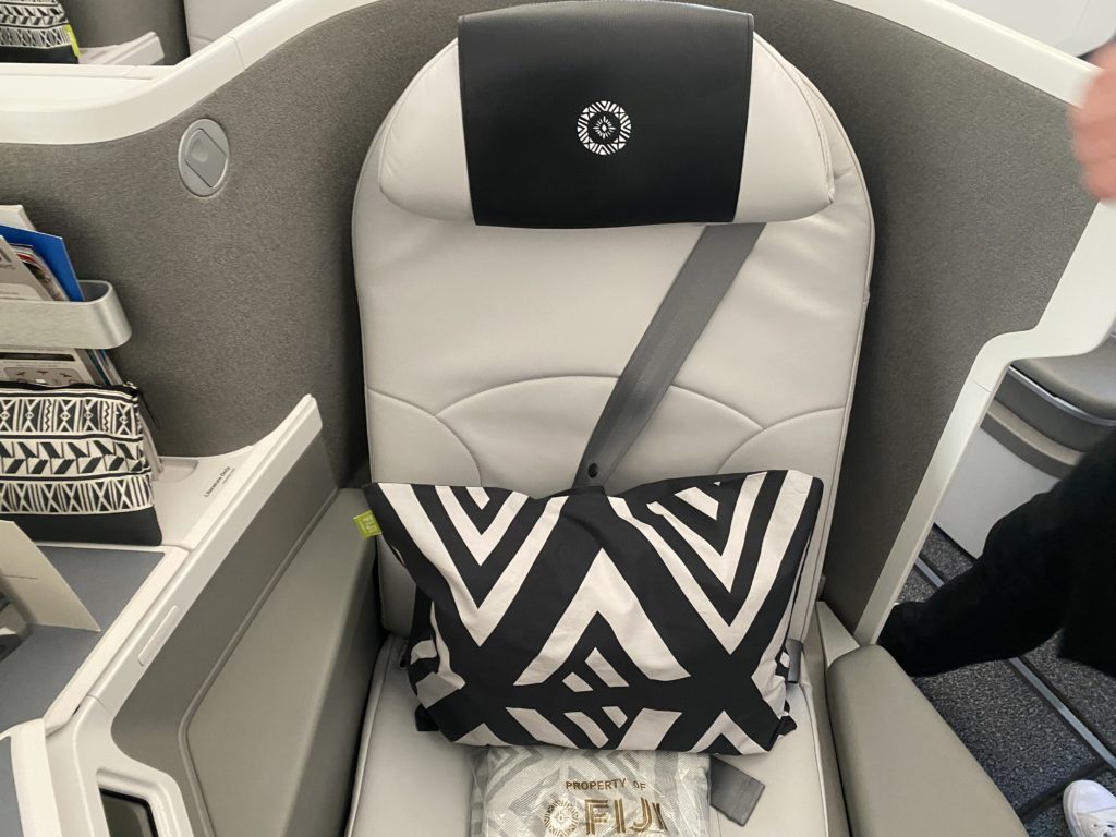 A black and white-designed pillow on the business class seat aboard Fiji Airways' A350 XWB