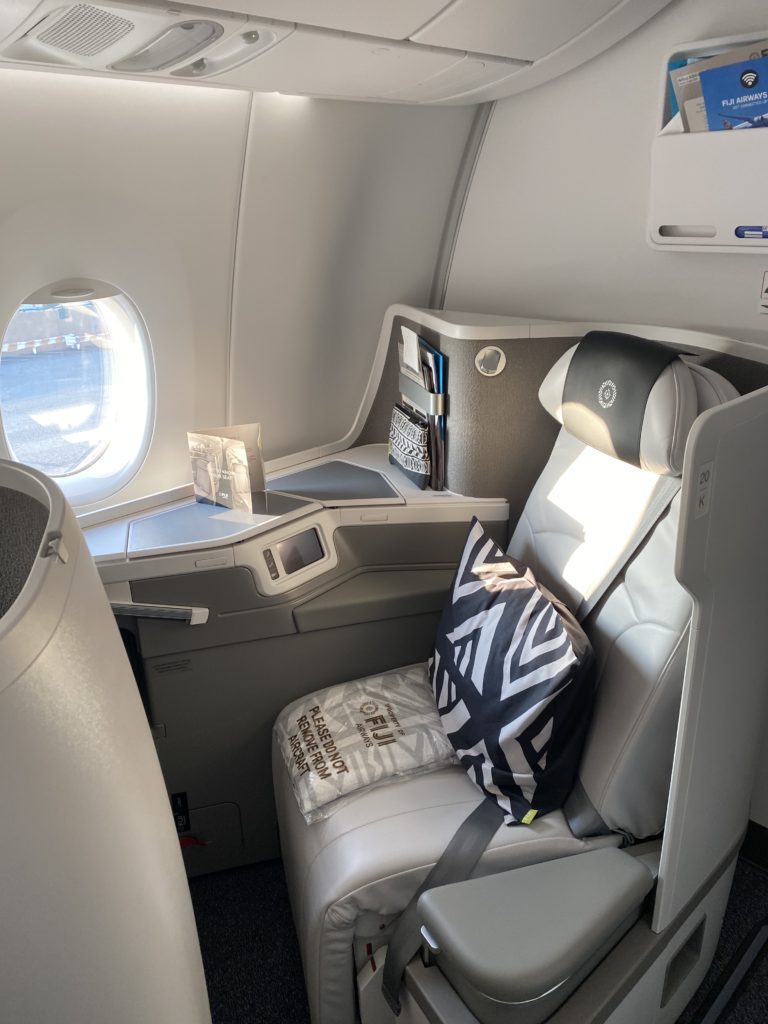 Fiji Airways A350 XWB business class seat features direct aisle access and neutral colors