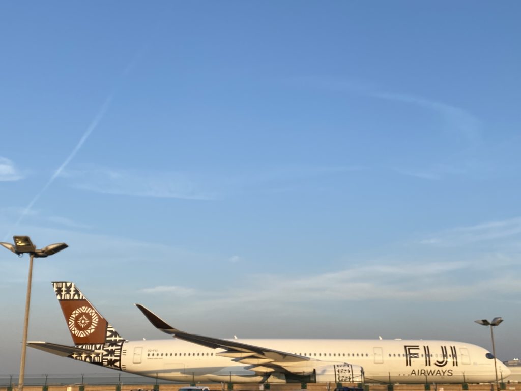 An exterior photo of Fiji Airways' A350 XWB with its unique designs