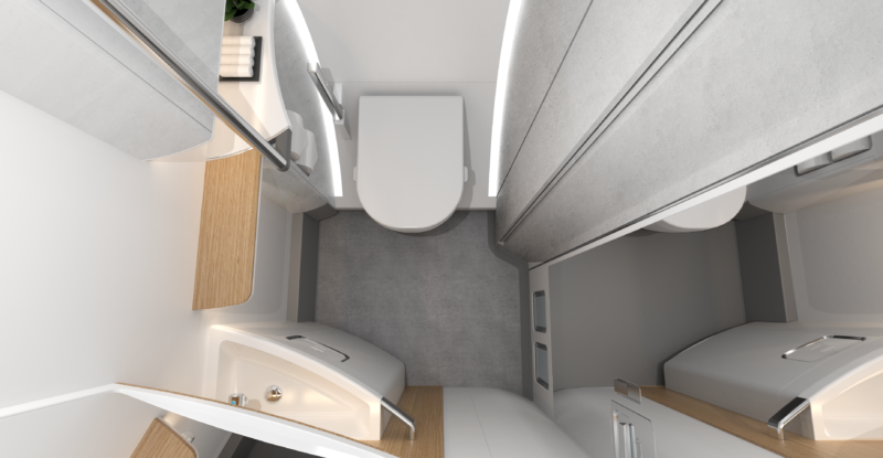 A rendering of the ACCESS extendable lavatory, showing how the space can be expanded.