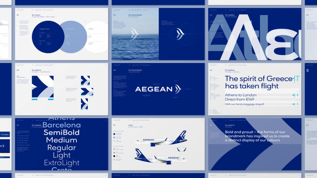 Aegean brand book with examples of how the new design will be used in signage and paperwork