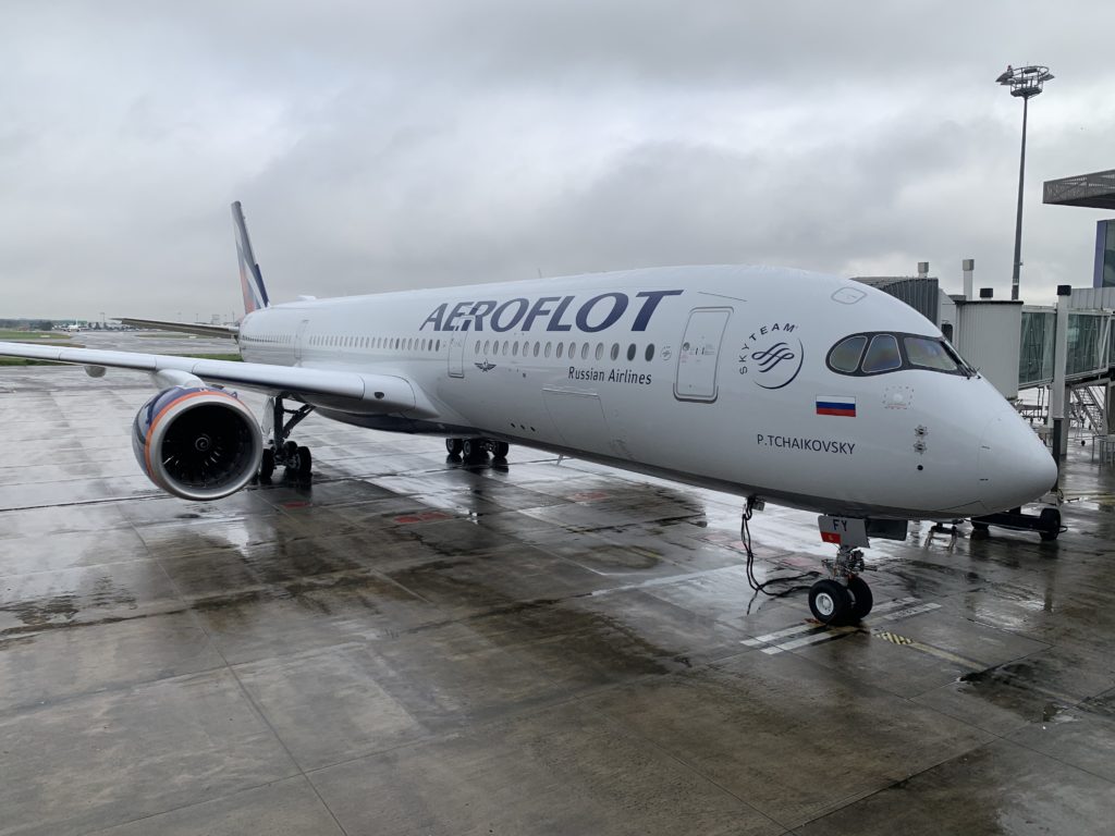 Aeroflot's A350-900 at the gate on a cloudy day