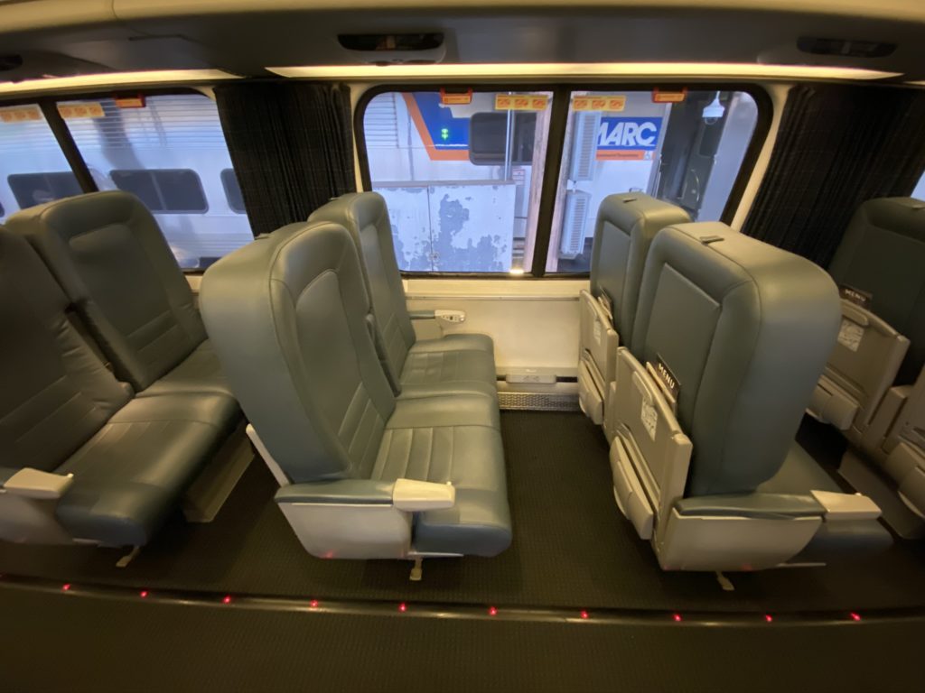 Interior of train car seating on Acela Nonstop