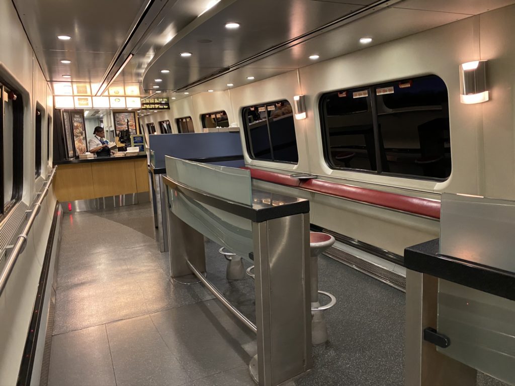 Interior of the train car with a food service station