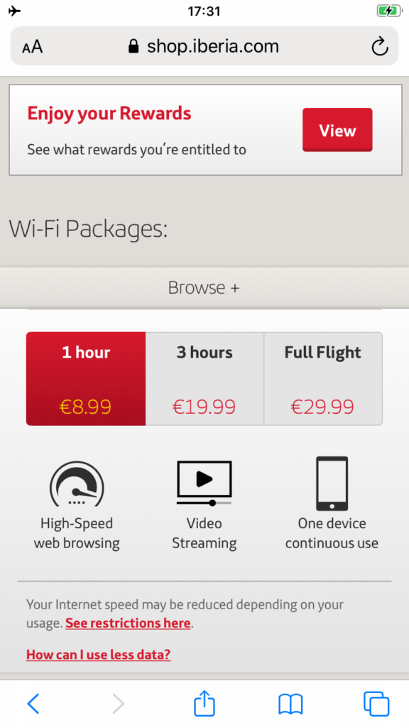 Iberia wifi packages as displayed on the Iberia portal.