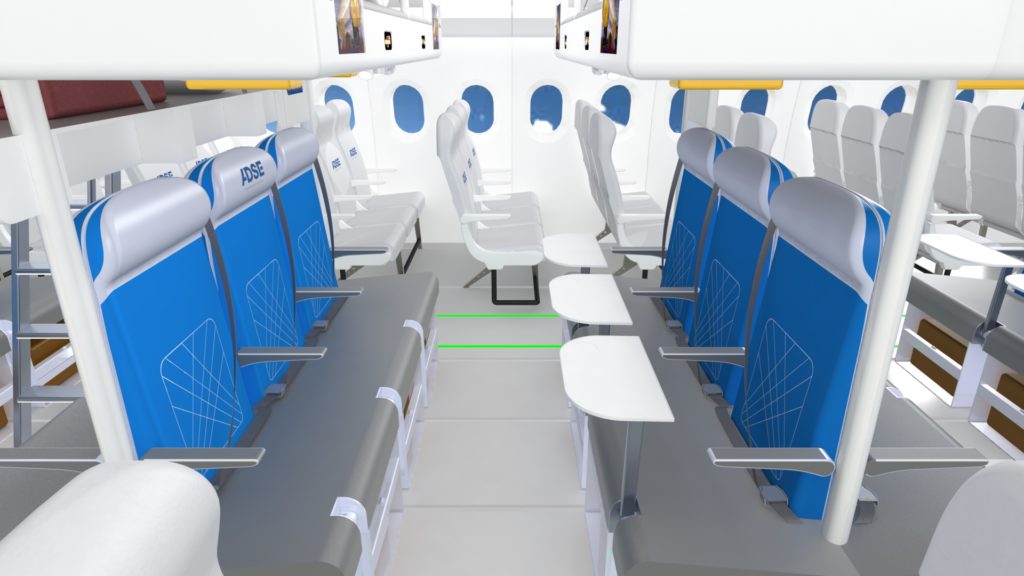 Pictured is the lower section of Economy Sky Dream in the seated configuration. Seat triples face each other and can be converted into the bottom bunk..