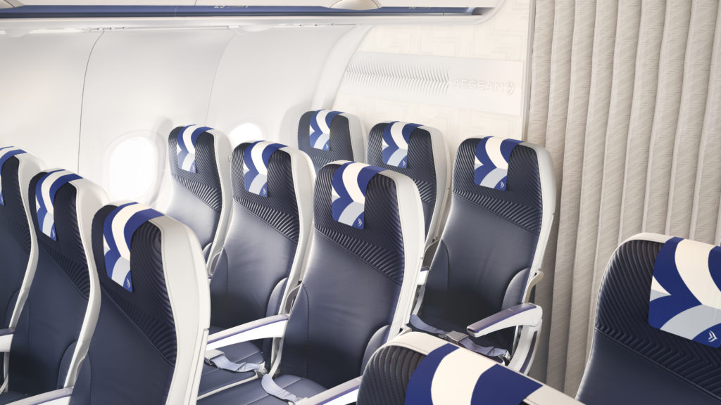 Aegean aircraft seats aboard the A320neo with twin seagull logo as a stitch detail