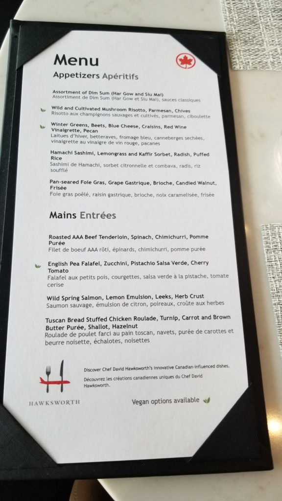 Air Canada Signature Suite a la carte menu