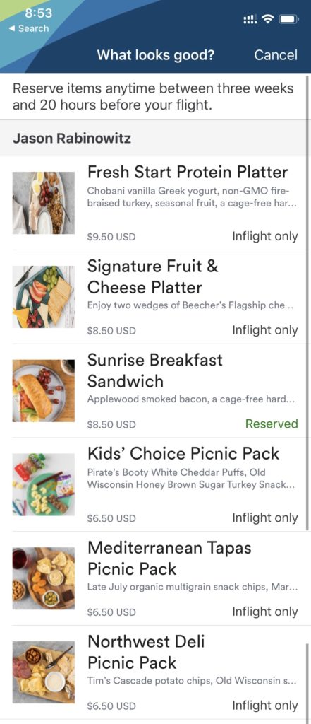 Screenshot of pre-purchase menu with the different options available including cheese platter, protein platter, and sunrise breakfast sandwich