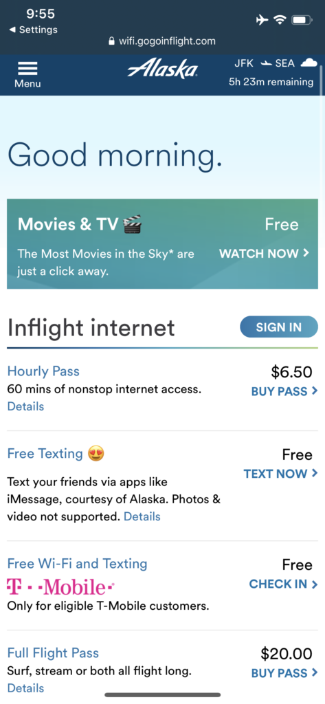 Screenshot of the inflight connectivity prices 