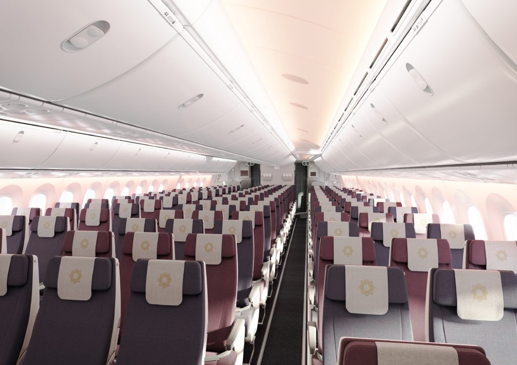 Vistara's economy class with reand grey fabric seats in a 3-3-3 layout