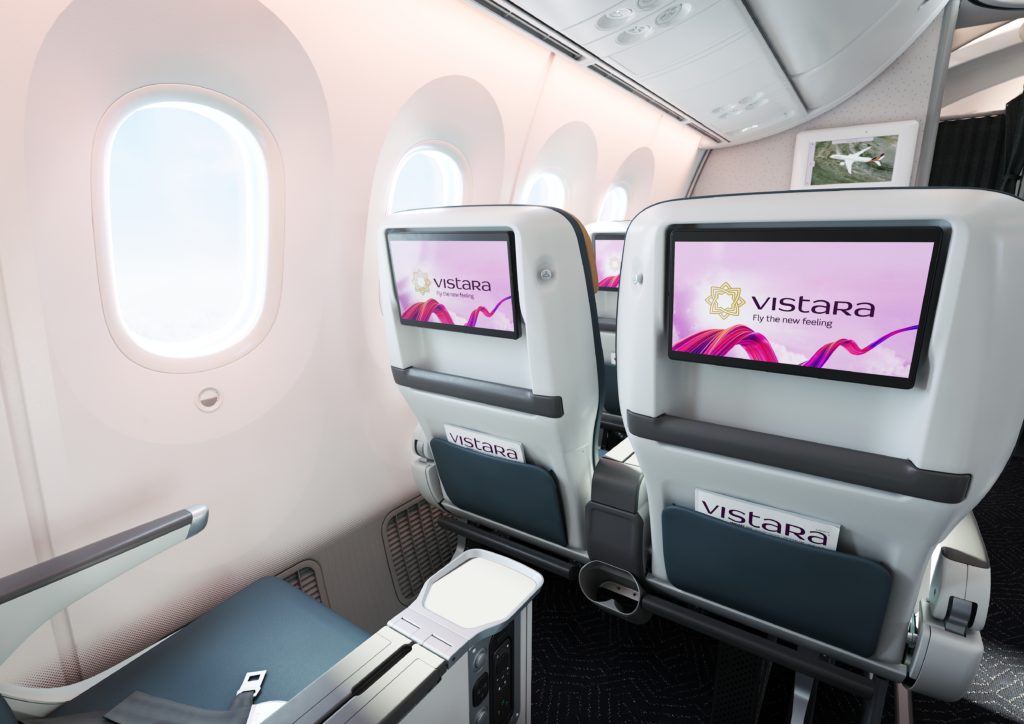 Vistara Premium Economy seatback showing the HD Touchscreen in welcom position.