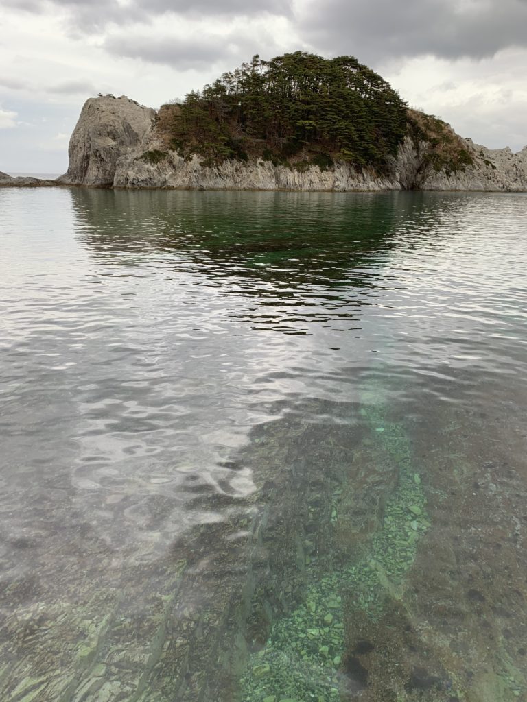 Large rocks with trees with a calm ocean in front