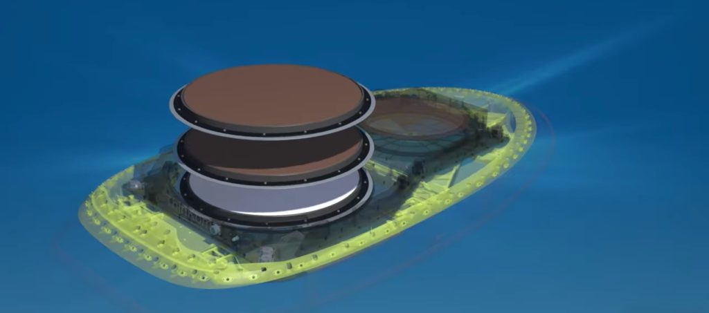 Multiple disks comprise the 2Ku antenna. This image shows the different layers of the hardware, with the red disks floating in air above the radome package