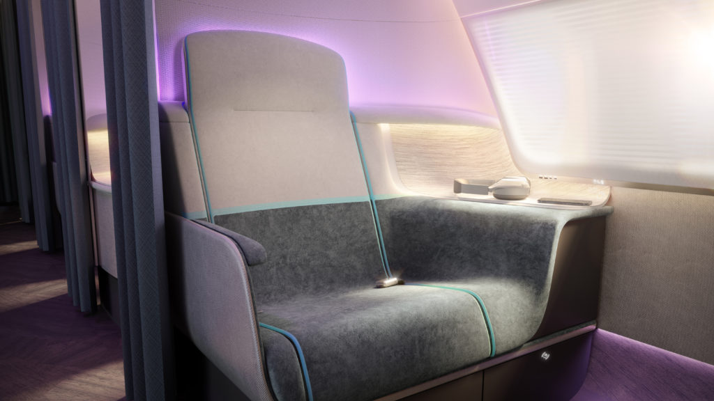 The Pure Skies premium seat is seamless and smooth, ensuring that dirt doesn't accumulate in crevices. This image shows the seat with smooth lines and LED lighting