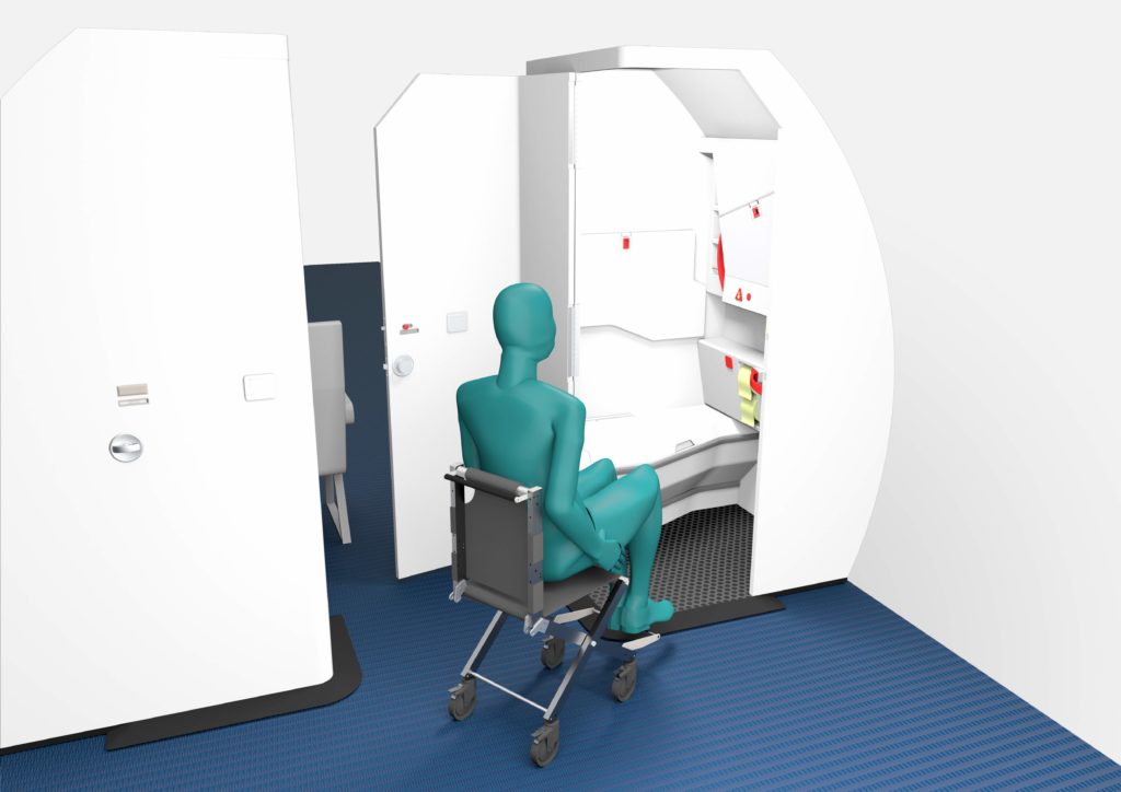 This graphic shows how the door of the LAV4ALL design opens wide and into the aisle, to ensure a wheelchair user can more easily navigate into the space