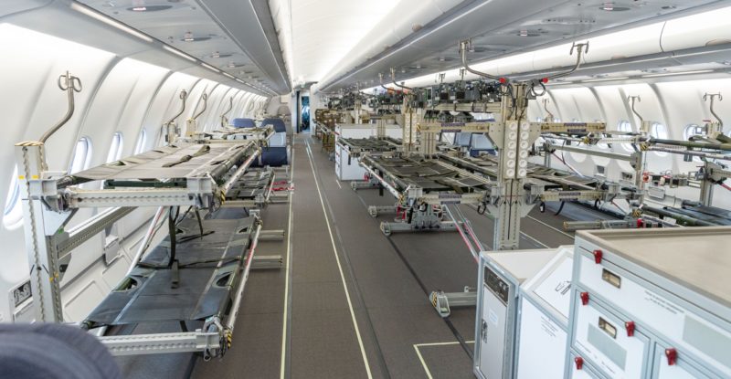 Hospital beds in rows inside the A330 MEDEVAC conversion