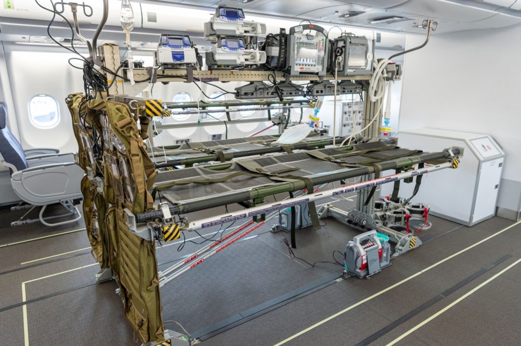 A close up of the hospital bed aboard the converted A330 medevac aircraft