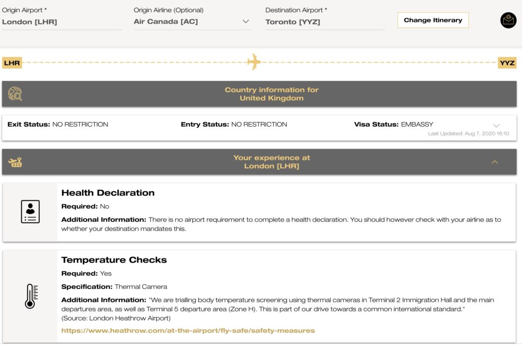 A screen grab of a search on the Star travel hub showing a route - Toronto to London Heathrow - and the relevant info to know about landing in Heathrow, including that thermal screening is being used