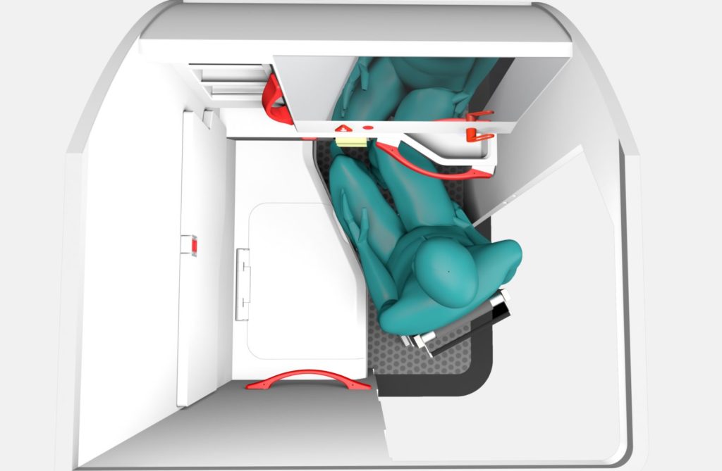 This graphic shows a top-down view of a wheelchair user inside the LAV4ALL lav design