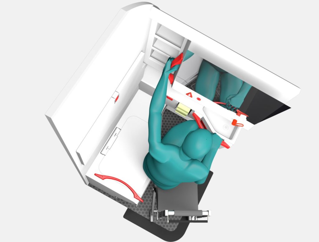 This graphic shows how the wheelchair user can transition from their chair to the lavatory, with the help of bars installed in the lav