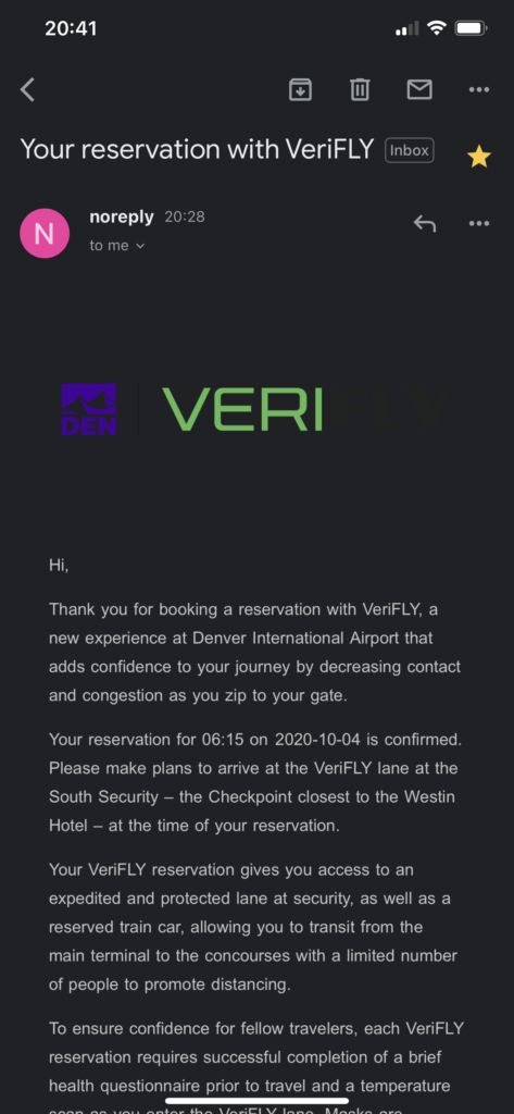 A screengrab of the author's confirmed VeriFLY reservation